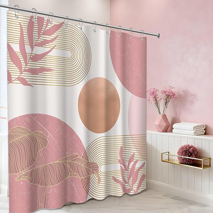 Blush Pink Shower Curtain Light Pink and White Shower Curtains for Bathroom Decor Abstract MCM Bath Curtain Set, Waterproof Fabric with Hooks 60 x 72 Inch