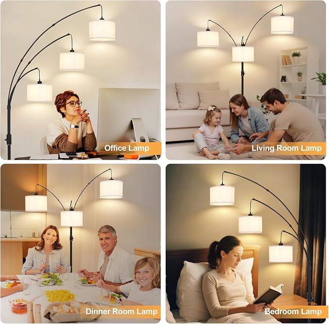 AHDWDW Dimmable Arc Floor Lamp-3 Lights Floor Lamps for Living Room,Modern Tall Standing Lamp with Beige Drum Shades&Heavy Base,Mid Century Tree Floor Lamp for Bedroom Corner Office,Bulbs Included