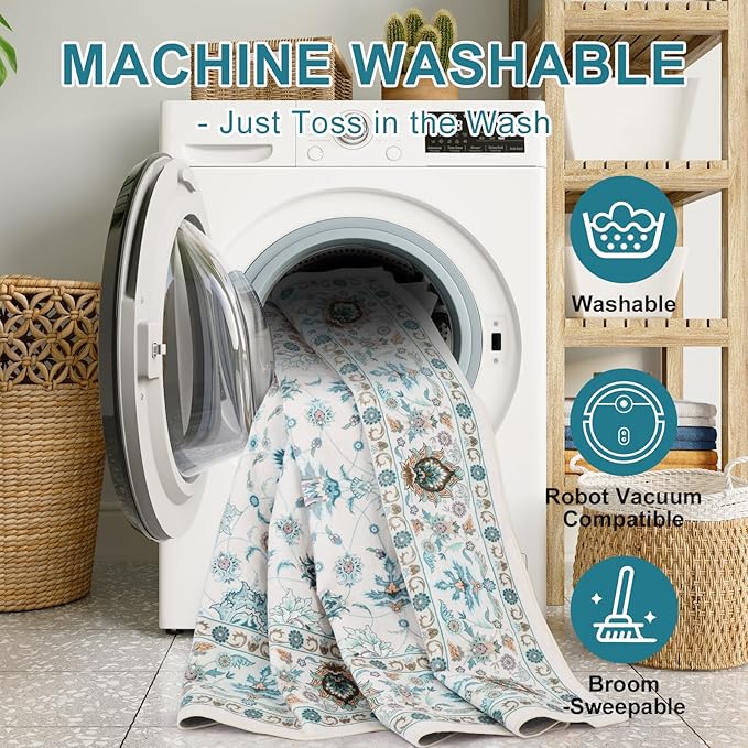 WILLSUN Washable Area Rugs, 4x6 Non-Slip Boho Large Area Rugs for Living Room, Bedroom, Machine Washable Vintage Rug, Indoor Floral Print Carpet for Home Decor, Kid & Pet Friendly Mat