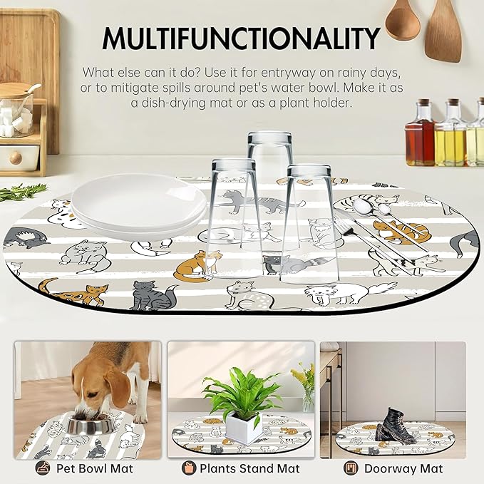 Cute Cartoon Cats Diatomaceous Mud Bath Mat Grey Striped Oval Soft Wrinkle Free Bathroom Floor Rugs Non-Slip Super Absorbent Fast Drying Bath Rug for Bathroom Kitchen Door Mat 23.6x15.7 Inches