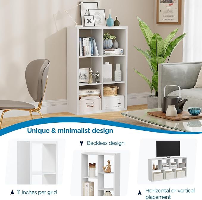 6 Cube Storage Organizer, 2x3 Cube Bookshelf, Cubby Storage Shelf, Wooden Organizer Shelf with Thickened Boards, for Closet Bedroom Home Office Living Room, 36.93" L x 9.37" W x 25.12" H, White