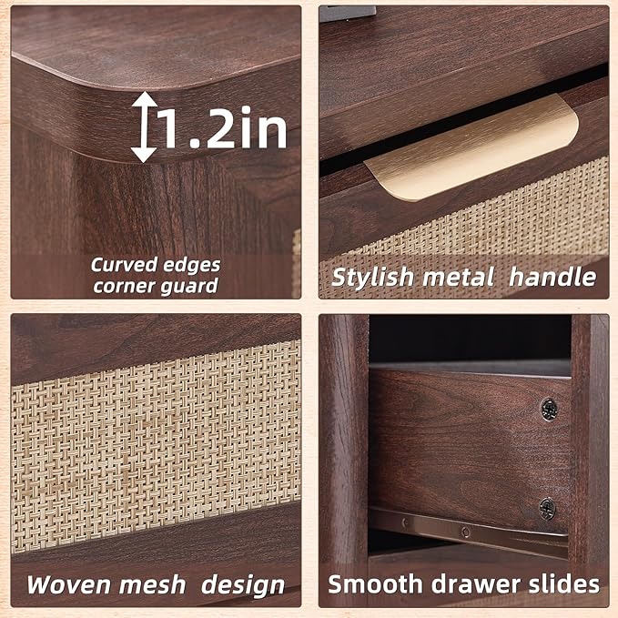 LEYAOYAO Rattan Nightstands Set of 2 with Charging Station, Walnut Night Stand with Drawer, 23" Wide Boho Bedside Table with Storage Shelf, Bed Side End Tables for Bedroom, Living Room, Hallway