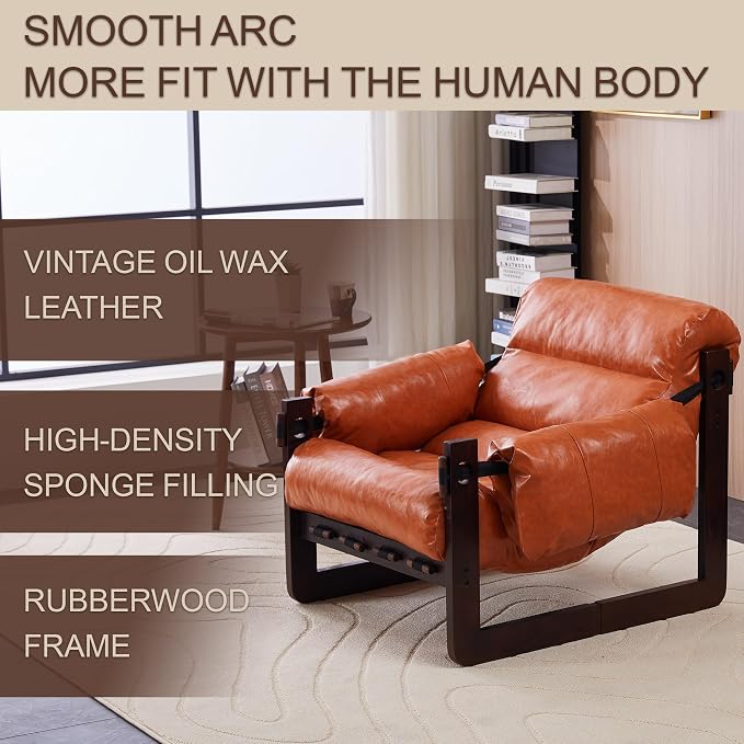 Leather Accent Chair, Mid Century Modern Lounge Chair with Removable Armrests Oil Wax Faux Leather Armchair for Living Room Bedroom Office (Retro Orange)
