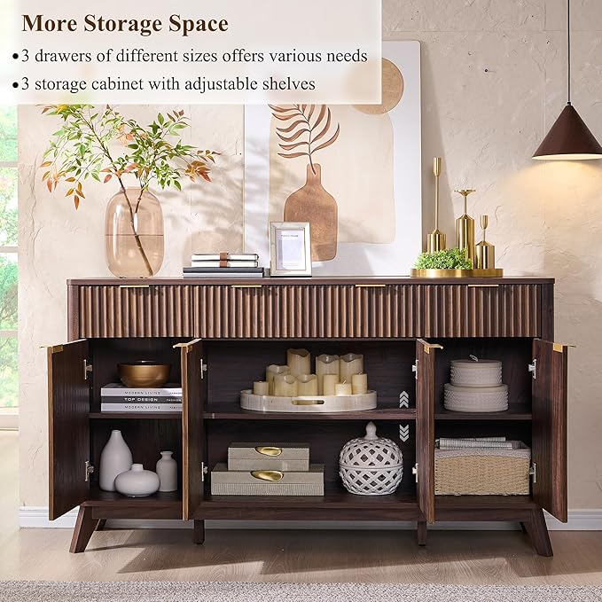 T4TREAM Fluted Buffet Sideboard Cabinet with Storages, 60" Large Modern Buffet Table Coffee Bar Wine Bar Storage Cabinet with 3 Drawers & 4 Doors for Dining Room, Living Room, Hallway(Dark Walnut)