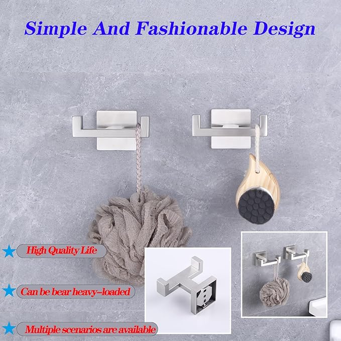 GERZWY Brushed Stainless Steel Coat/Robe Clothes Hook for Bath Kitchen Modern Hotel Style, Bathroom Double Towel Hook Wall Mounted 2 Pack AG1417B-LS