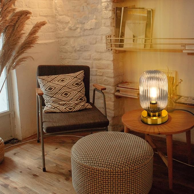 Mid Century Modern Table Lamp with Clear Ribbed Glass Shade, Touch Control & 3 Way Dimmable, Small Gold, Vintage Bedside Lamp for Bedroom, Living Room, Office (Bulb Included)