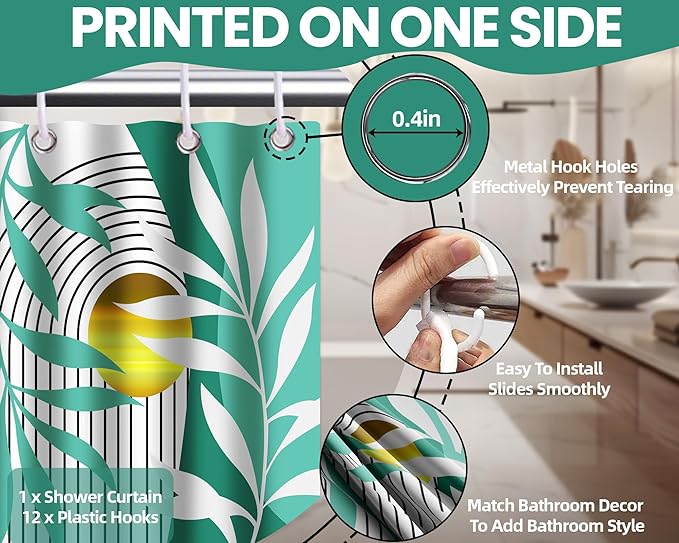 Boho Aqua Shower Curtain, Mid Century Modern Teal Blue Shower Curtains for Bathroom Waterproof Cloth Fabric with Hooks, 70" W x 72" L
