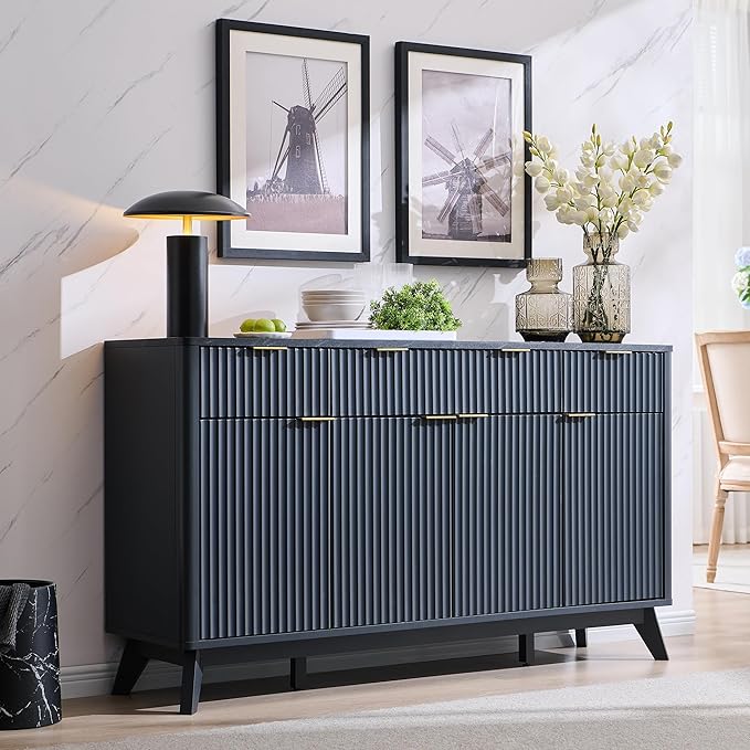 T4TREAM Large Buffet Sideboard Cabinet with Storages, 60" Fluted Modern Buffet Table Coffee Bar Wine Bar Storage Cabinet with 3 Drawers & 4 Doors for Dining Room, Living Room, Hallway(Dark Grey)