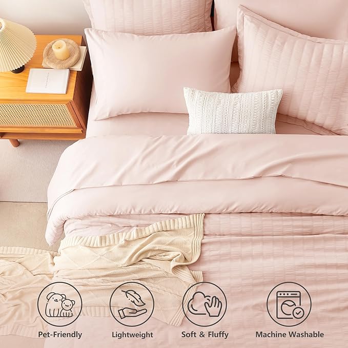 CozyLux Full Size Comforter Sets Blush Pink, 7 Pieces Seersucker Textured Luxury Bed in a Bag, All Seasons Soft Bedding Sets with Down Alternative Comforter, Sheets, Pillowcases & Shams, Home Gift