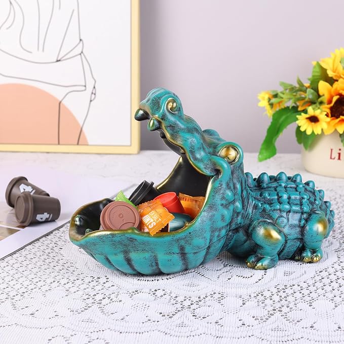 Alligator Statue Key Bowl, Fun Animal Statue Candy Dish for Entryway Decorative Bowl, Office Candy Dish, Big Mouth Sculpture Home Living Room Trinket Container Storage Box (Green)