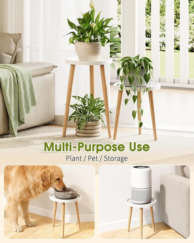 Plant Stand Indoor 2 Pack, Wood Mid Century Indoor Plant Stand, Tall Plant Stands for Flower Pot, Modern Plant Table, Small Side End Table With Raised Design, White, 11.7"x18.8" & 11.7"x13"