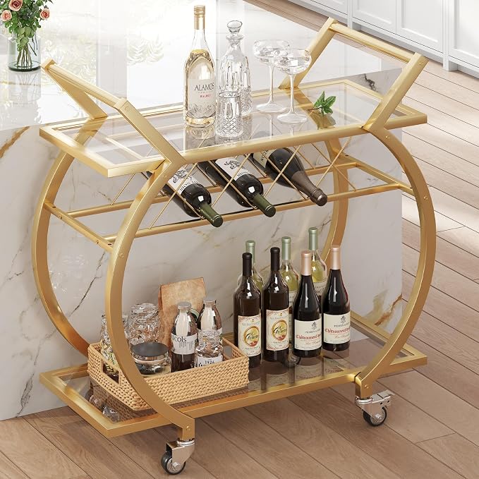LVB Gold Bar Cart with Glass, Bar Cart with Wheels, Wine Cart with 2 Tier Storage Glass Shelves Home Bar Serving Cart with Wine Rack, Liquor Cart for Kitchen, Bar, Dinning Room