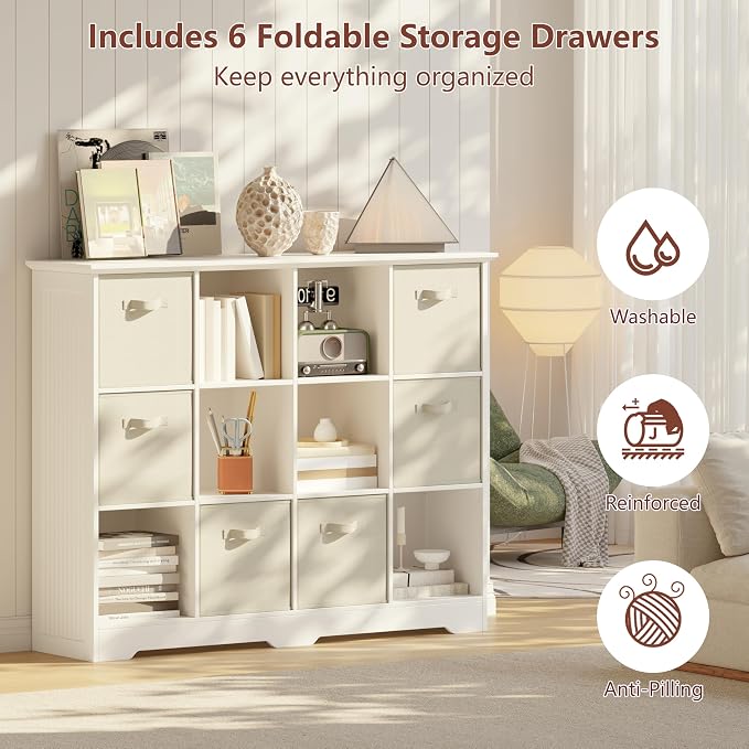 VORONOI 12 Cube Storage Organizer with 6 Fabric Drawers and Removable Shelves — Modular Cube Bookshelf for Bedroom, Living Room, or Home Office, Short Cube Bookcase for Toys, Decor,White