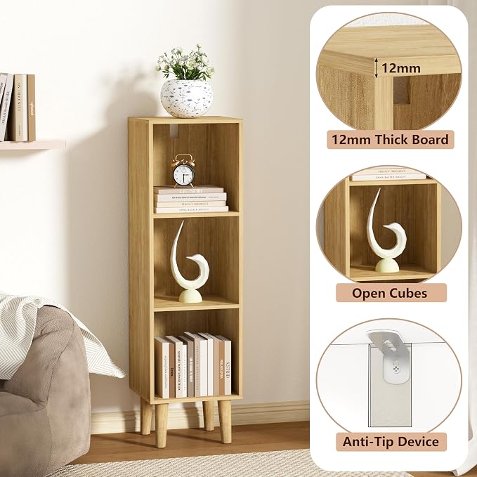 3 Cube Bookcase, Wooden Book Shelf Cube Storage Organizer with Legs, 3 Tier Bookshelf Freestanding Open Shelves for Bedroom, Living Room, Home Office (Oak, 3 Cube)