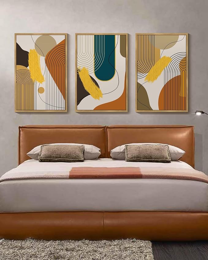 PHOPAGO 24x36in Large Boho Abstract Framed Wall Art Modern Minimalist Luxury Gold Line Artwork Kitchen Dining Room Decor Natural Framed