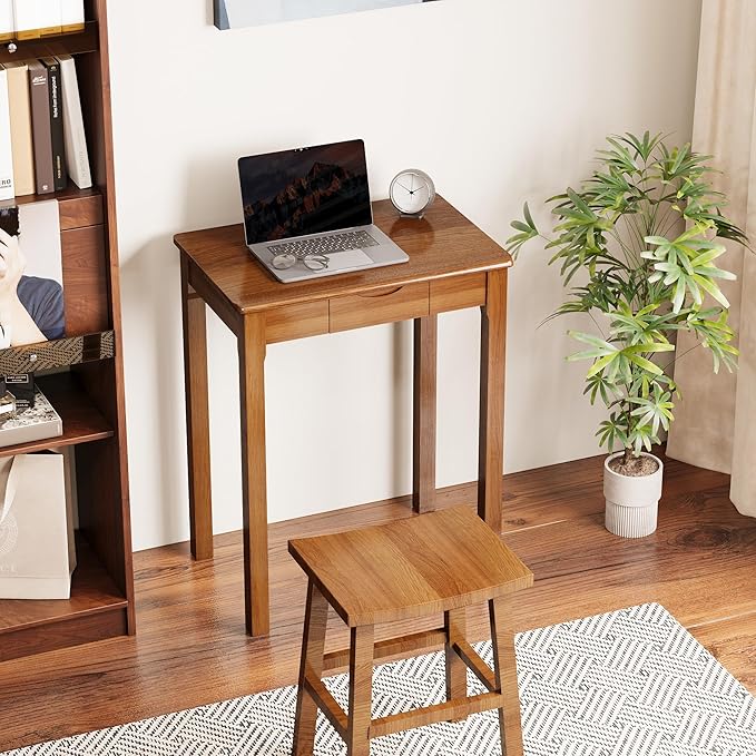 Solid Wooden Desk with Drawers - 24 x 16 Inch Narrow Desks, Rubberwood Mid Century Modern Desks, Small Writing Desk for Bedroom|Small Spaces - Walnut Color