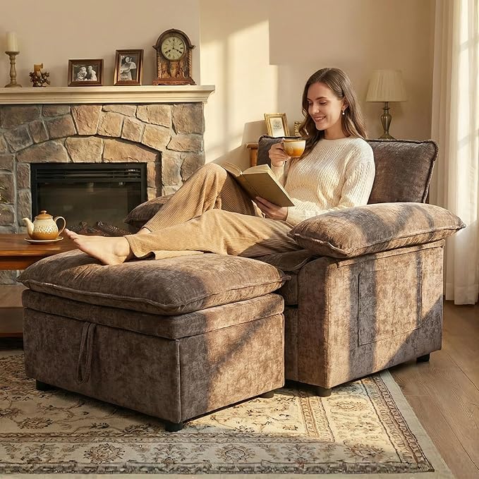 Furnimart Oversized Accent Chair with Storage Ottoman, Super Plush Cloud Chair with Chunky Cushion, Comfy Chenille Chaise Lounge for Living Room Bedroom Reading Nook(Brown)