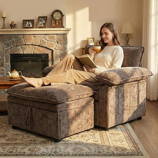 Furnimart Oversized Accent Chair with Storage Ottoman, Super Plush Cloud Chair with Chunky Cushion, Comfy Chenille Chaise Lounge for Living Room Bedroom Reading Nook(Brown)