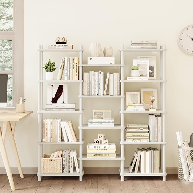 IOTXY Wooden Triple Wide Bookshelf - 5-Tier Large Shelf Bookcase with Solid Beech Frame, Tall Freestanding Open Etagere Display Rack for Home Office, White