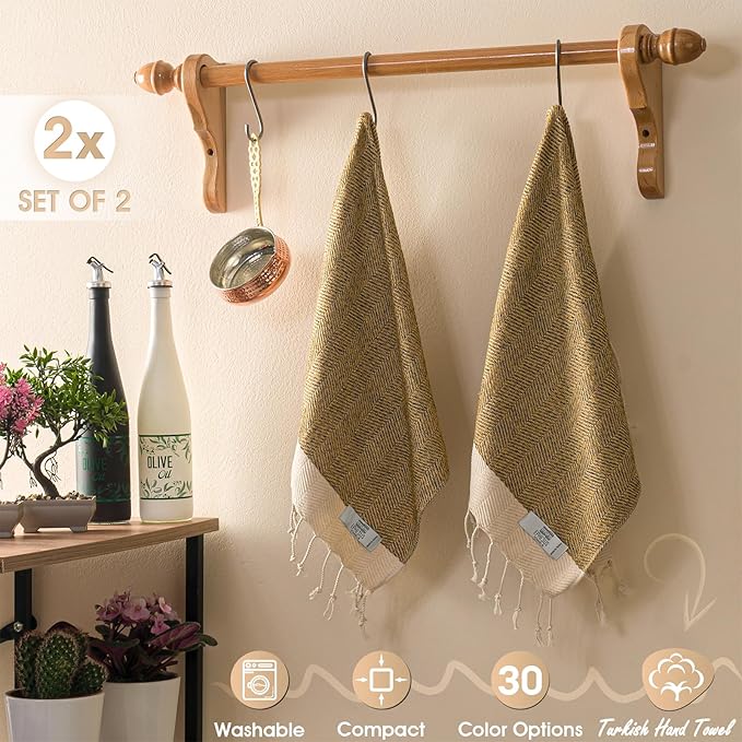 Hand Towels - Set of 2 | 18" x 30" - Decorative Turkish Hand Towel for Bathroom, Kitchen, Guest, Face, Hair, Tea, Dishcloth (Herringbone, Mustard)