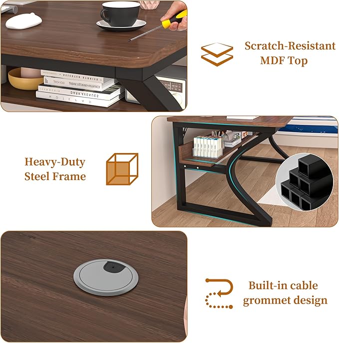 55 X 23.6'' Computer Desk, Home Office Desks w/Shelf Storage, Computer Desk w/Metal Frame, Cable Management, Study Student Desk Writing Work Table Deeper & Thicker Desktop for Home Bedroom