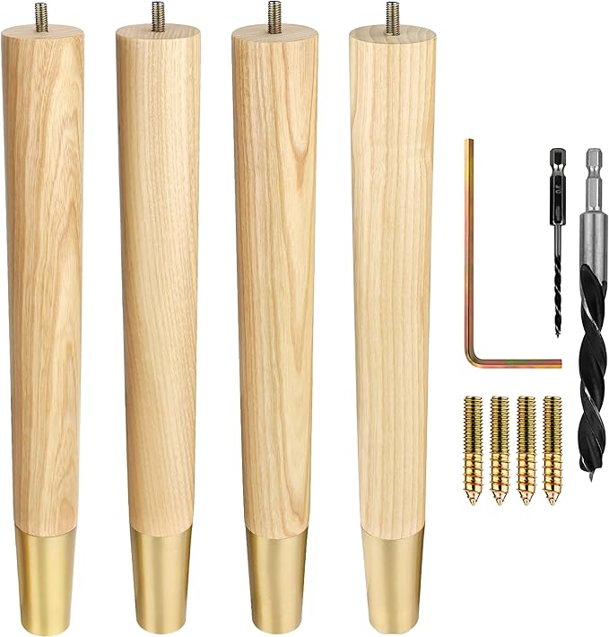 Premium Ash Wood Furniture Legs with Gold Caps (Full Install Kit) - Pick Your Size and Color