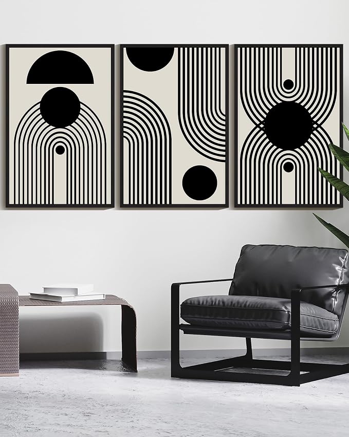 Drsoum Large 24x36in Black and White Abstract Framed Wall Art Decor Duotone Minimal Dark Brush Stroke Prints Shapes Illustrations Modern Art Decorative Ready To Hang - Black Framed