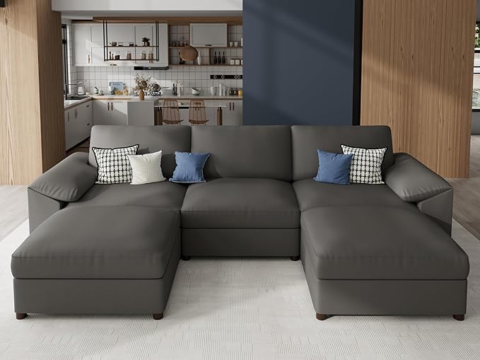 EASE MOOSE Oversized Modular Sofa with Deep Seat,Leather Sectional U Shaped Couch for Living Room,Comfy Scratch Resistant Faux Leather Material,Modern Sofas with Ottoman,Grey