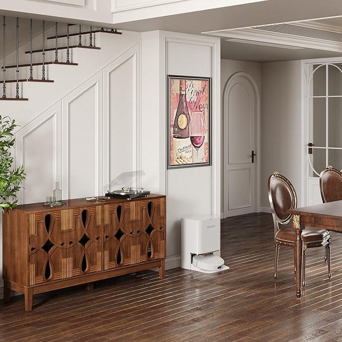 LKTART 60" Mid Century Modern Sideboard Buffet with Hollow Carved Doors and Outlet Holes,Vintage Accent Cabinet Credenzas Storage Cabinet Walnut