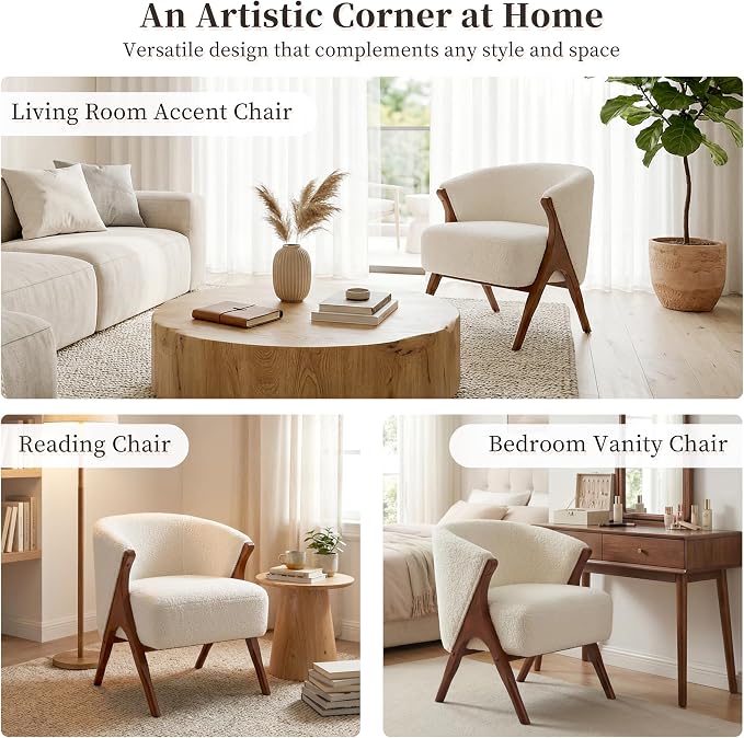 Merax Mid-Century Modern Accent Chair with Solid Wood A-Frame & Wrap-Around Backrest, High-Density Foam Cushion & Rounded Edges for Living Room, Reading Nook, Lounge Area (Beige+Walnut)