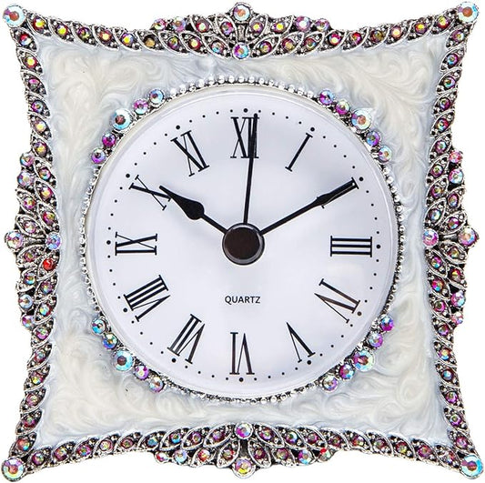 NIKKY HOME Crystal Elegant Small Quartz Analog Table Clock with Rosy Rhinestone Non-Alarm Desk Clock 3.5 by 1.5 by 3.5 Inches, White and Pink