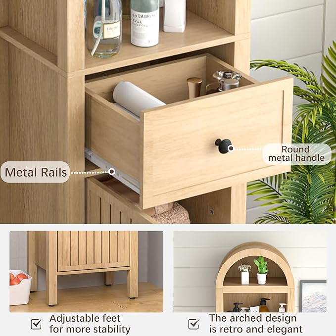 64" Tall Bathroom Storage Cabinet with Adjustable Shelves,Tall Narrow Arched Freestanding Tower Cabinet with Fluted Doors and Drawers,Space Saving Organizer for Bathroom Living Room (Oak)