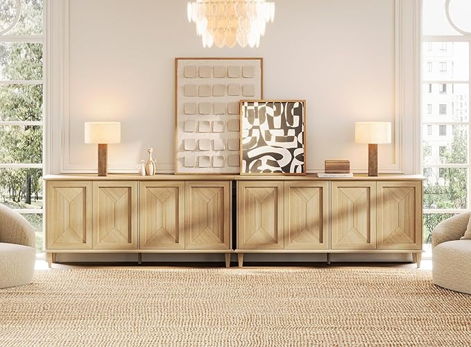 WAMPAT 130-inch Handcrafted Patchwork Decorative Buffet Cabinet with Pop-Up Design Doors,2-in-1 Large Modern Farmhouse Accent Credenza for Coffee Bar, Kitchen, and Living Room, Natural Oak
