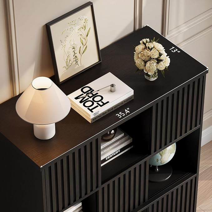 Einhomn Cube Storage Organizer with Sliding Doors, Wooden Bookshelf Storage Cabinet, 9 Cube Bookcase Organizer for Living Room Bedroom Office, Black