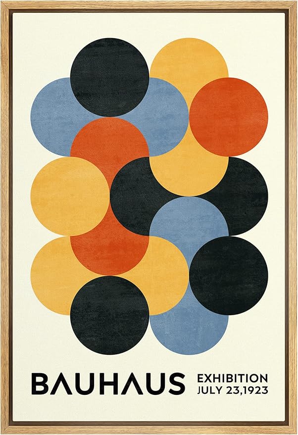 MUDECOR Framed Canvas Print Wall Art Geometric Colorful Circle Bauhaus Polygon Abstract Shapes Illustrations Fine Art Mid-Century Modern Multicolor for Living Room, Bedroom, Office - 24"x36" Natural
