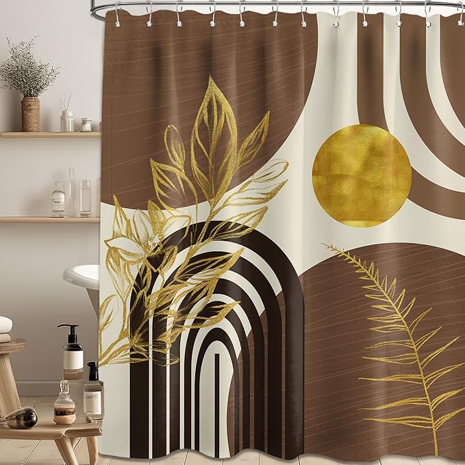 Mid Century Modern Black and Brown Shower Curtain Boho Beige and Dark Tan Gold Shower Curtains for Mens Bathroom Decor Sets, Waterproof Cloth Fabric with Hooks, 70x84in