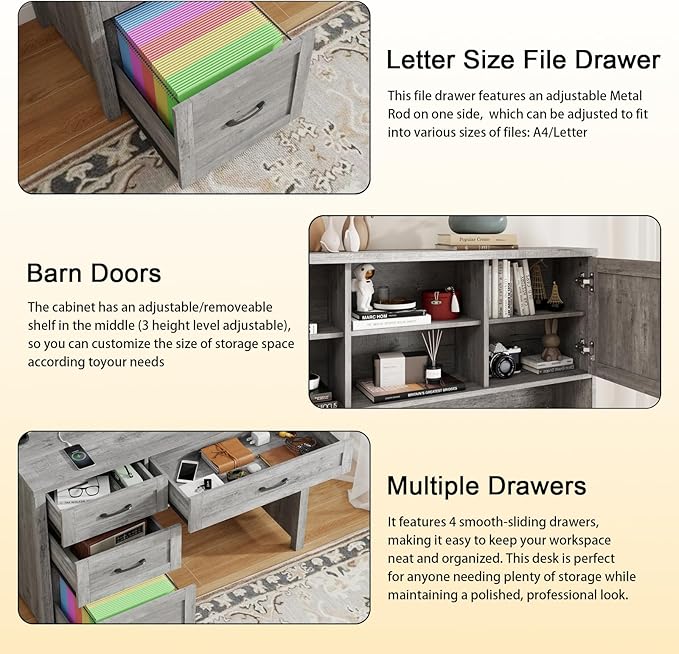 Farmhouse 67" H Executive Desk with Hutch,Office Desk with 4 Drawers and LED light, Computer Table with Storage Cabinet & File Drawers and Charging Station, Wood Workstation for Home Office and Study