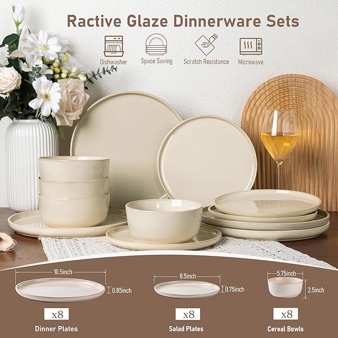 GBHOME Ceramic Dinnerware Sets for 8, 24 Pieces Stoneware Plates and Bowls Sets, Scratch Resistant Dishes, Dishwasher & Microwave Safe, Reactive Glaze-Vanilla color