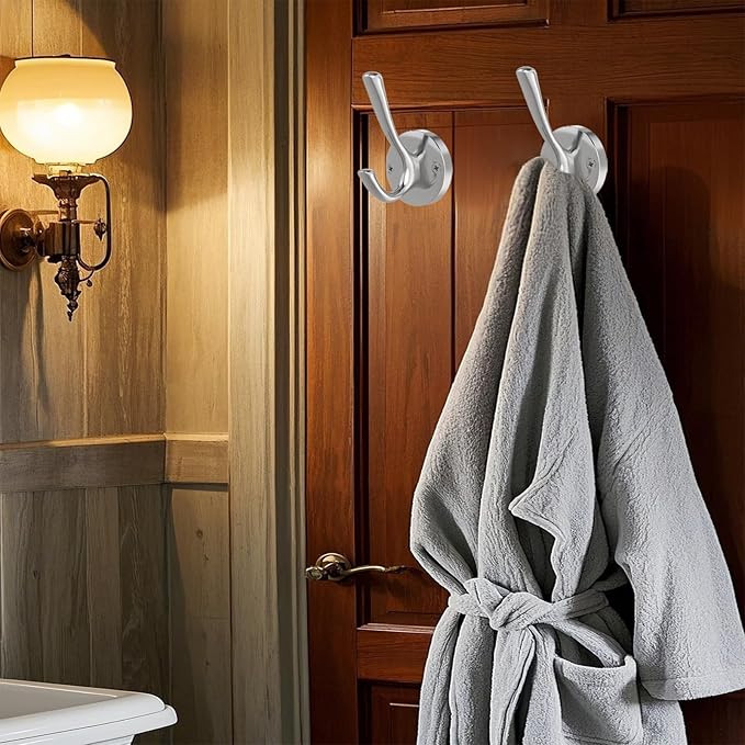 Brushed Nickel Robe Hooks Towel Hooks, 3 Pack Coat Hook Heavy Duty Mudroom Hook Double Bathrobe Hook Wall Mounted, Hat Hooks for Entryway Bathroom Kitchen Closet