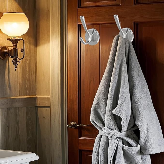 TOFIIGREM Brushed Nickel Wall Hooks, 4 Pack Heavy Duty Coat Towel Hook Metal Double Hook Wall Mounted Hanging, Bath Towel Hooks for Entryway Cubicle Bathroom Closet Garage