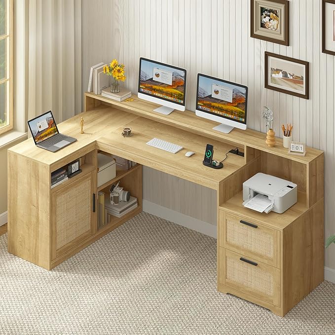 TVU Farmhouse L Shaped Desk with Drawers, 62.2" Home Office Desk with Storage Shelves and Power Outlet, L Shaped Computer Desk with Monitor Stand and Printer Shelf, Oak/Rattan