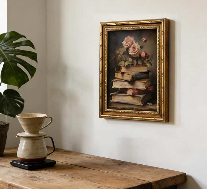 Vintage Gold Framed Retro Floral Books Wall Art Flowers Book Wall Decor Rose and Books Painting Pictures Retro Literary Pictures Artwork for study Gallery Living Room Bedroom 12X16in