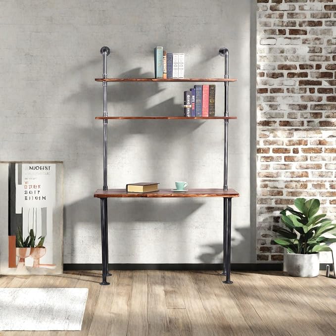 LOKKHAN 79-inch Industrial Laptop Desk Solid Wood Computer Desk Wall Pipe Desk with Shelves Computer Table for Home Office (L:47.3-inch)