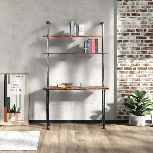 LOKKHAN 79-inch Industrial Laptop Desk Solid Wood Computer Desk Wall Pipe Desk with Shelves Computer Table for Home Office (L:47.3-inch)