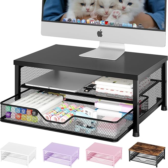 OPNICE Computer Monitor Stand Riser, Desk Organizer with Drawer, Printer & Laptop Stand, Office Desk Accessories & Workspace Desktop Organizers Storage for Office Supplies(Black)