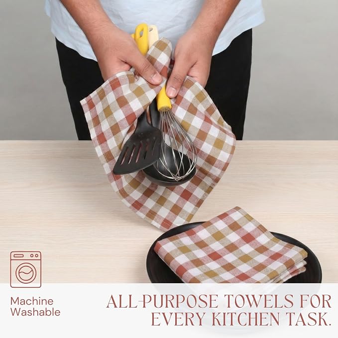Multi Checkered Dish Towels 12 Pack, 18x26 Inches, 100% Cotton Kitchen Cloths, Quick Drying Wash Rags, Reusable & Absorbent, Washable Towels for Cleaning, Cooking - Rust, Tan, Natural