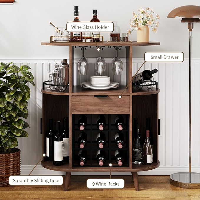 Wine Bar Storage Cabinet, Coffee bar Cabinet for Liquor with Open Wine Rack & Sliding Doors, Modern Home Bar for Living Room, Kitchen, Dining Room (Walnut)