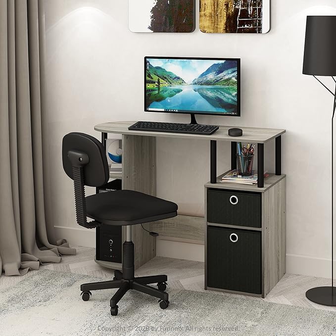 Furinno JAYA Desk, 38.4" Wide Gaming Desk with Bin Drawers, Computer Desk with Side Shelf, Office Desk for Study, Home Office, Bedroom, Dorm, Study Room, French Oak