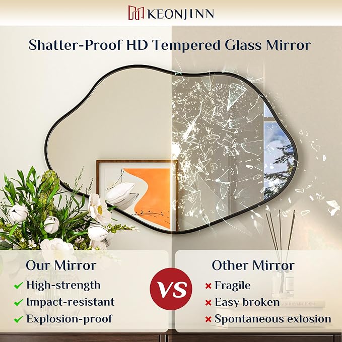 Keonjinn Black Irregular Mirrors for Wall 48" x 24" Inch, Asymmetrical Metal Frame, Tempered Glass Decorative Mirror for Bathroom, Bedroom, Living Room, Entryway(Horizontal/Vertical)