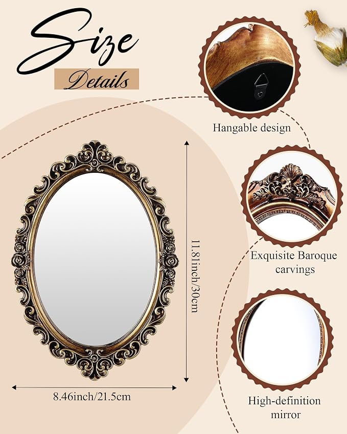 Wonderjune 3 Pcs Vintage Gold Mirror Set for Wall Decorative Resin Frame Ornate Antique Hanging and Tabletop Mirror for Home Dresser Gallery Decor Photography Props Gift (Retro Style)